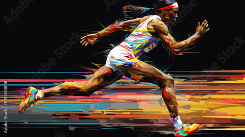 Digital painting of a runner running on colorful background with glitch effect. photo