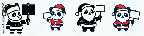 Four cute panda characters dressed as Santa, holding blank signs, perfect for holiday-themed designs and festive promotions.