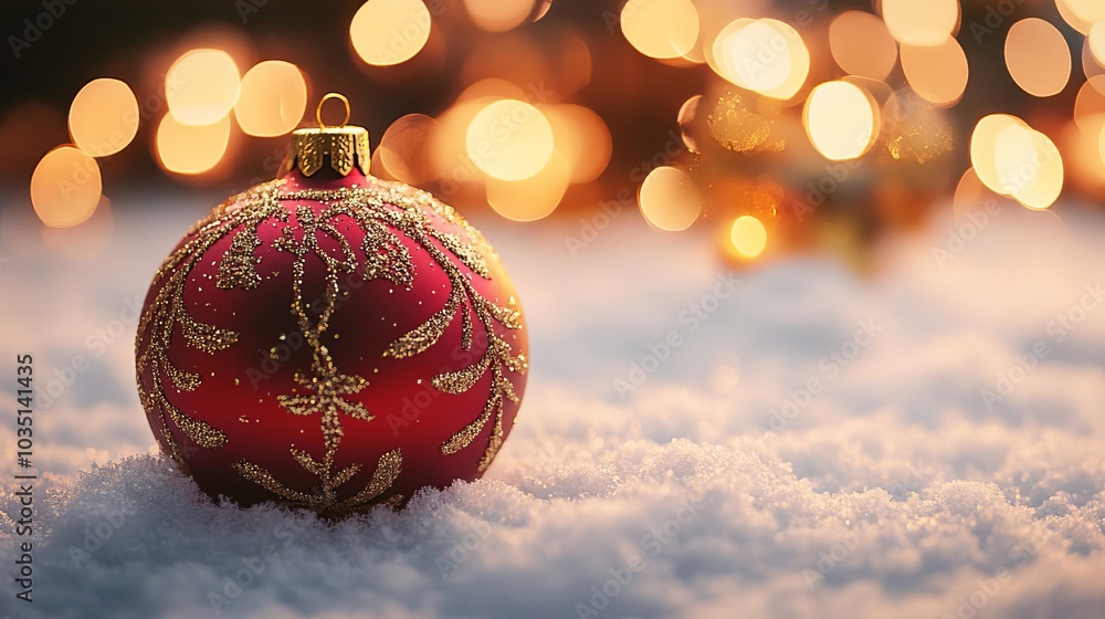 Festive Red Christmas Ornament in Snow with Bokeh Lights Festive Red Christmas Ornament in Snow with Bokeh Lights