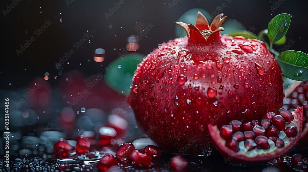 Fresh Red Pomegranate with Water Droplets Close up Fruit Food Photography Still Life Fresh Red Pomegranate with Water Droplets Close up Fruit Food Photography Still Life