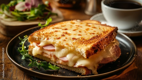 A classic French croque monsieur sandwich with ham, melted cheese, and b茅chamel sauce