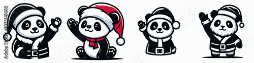 Adorable cartoon pandas dressed in festive holiday attire, waving cheerfully in celebration of Christmas.