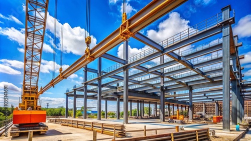 Steel beam construction with crane and safety lines in view