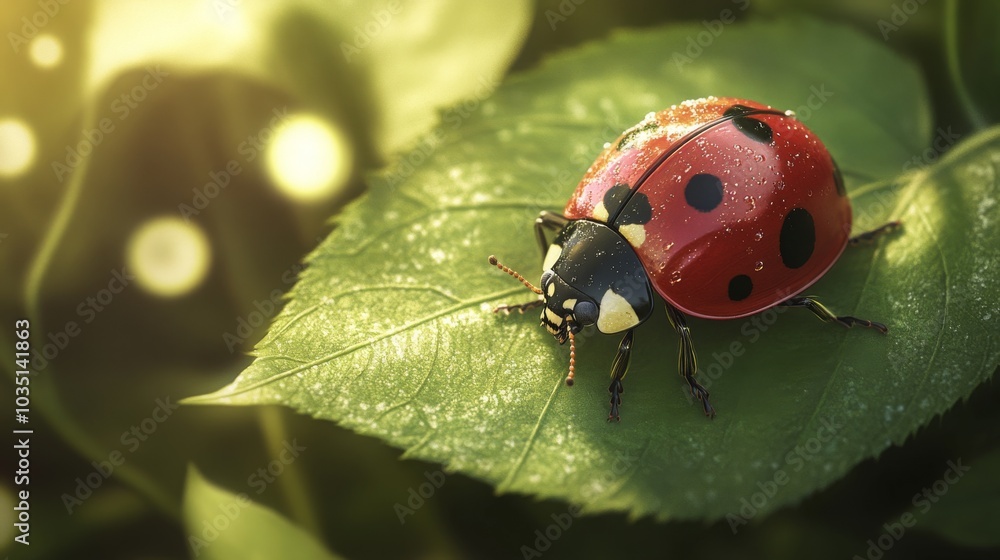 Obraz premium Ladybug on Leaf Close Up, Nature Photography, Ladybird Insect On Green Leaf, Sunlight, Macro Nature Art