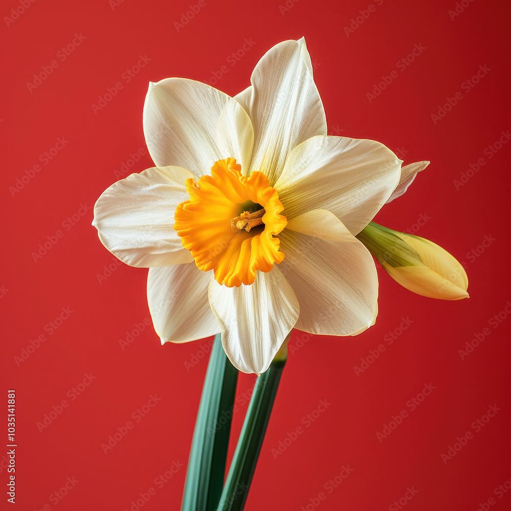 Fototapeta premium Elegant studio shot of a Narcissus flower in full bloom against a vibrant red background, showcasing its stunning white petals and bright yellow center.