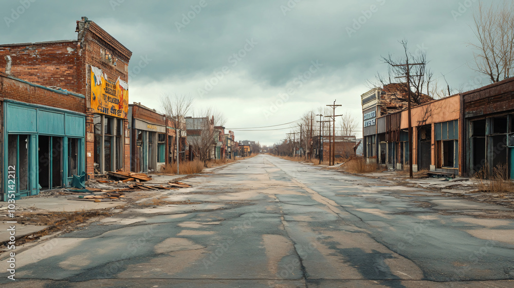 Obraz premium A ghost town with crumbling storefronts and an air of desolation.