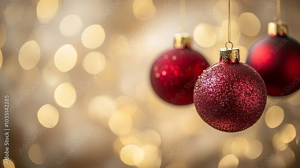 Red Christmas Ornaments with Gold Bokeh Lights Background Red Christmas Ornaments with Gold Bokeh Lights Background