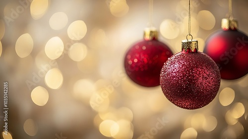 Red Christmas Ornaments with Gold Bokeh Lights Background