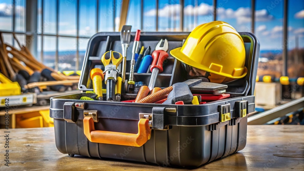 Close-up of a toolbox with tools in a construction setting, ready for use Close-up of a toolbox with tools in a construction setting, ready for use