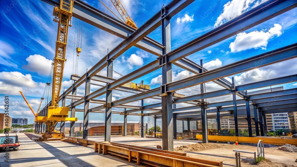 Steel beam construction with crane and safety lines in view Steel beam construction with crane and safety lines in view