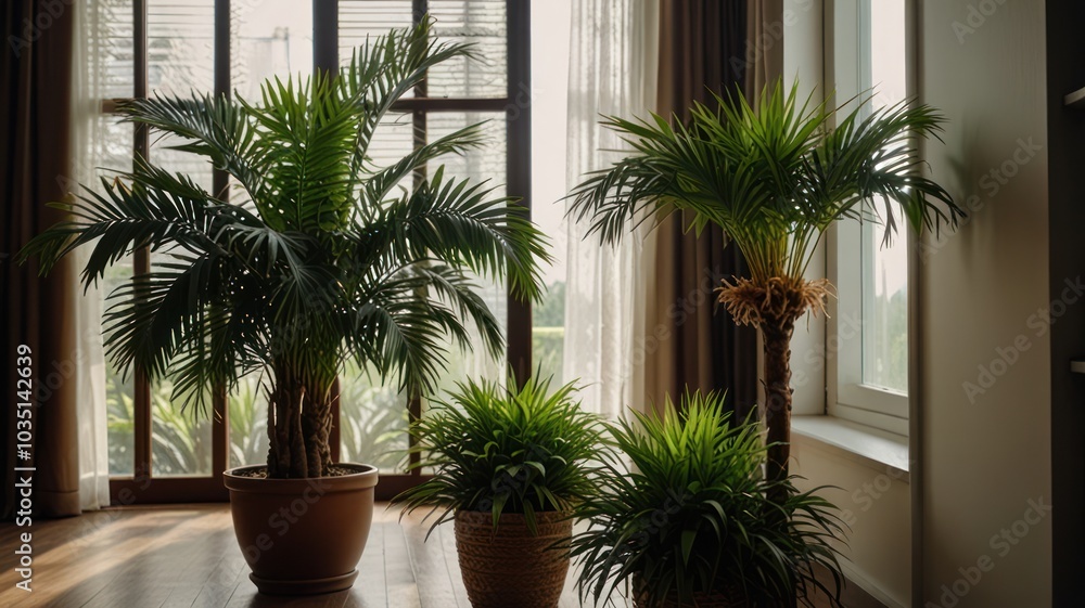 Three potted palm trees stand in front of large windows in a modern living room. Three potted palm trees stand in front of large windows in a modern living room.