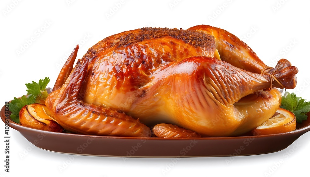 Golden-roasted chicken garnished with herbs and lemon slices, evoking savory warmth. Golden-roasted chicken garnished with herbs and lemon slices, evoking savory warmth.