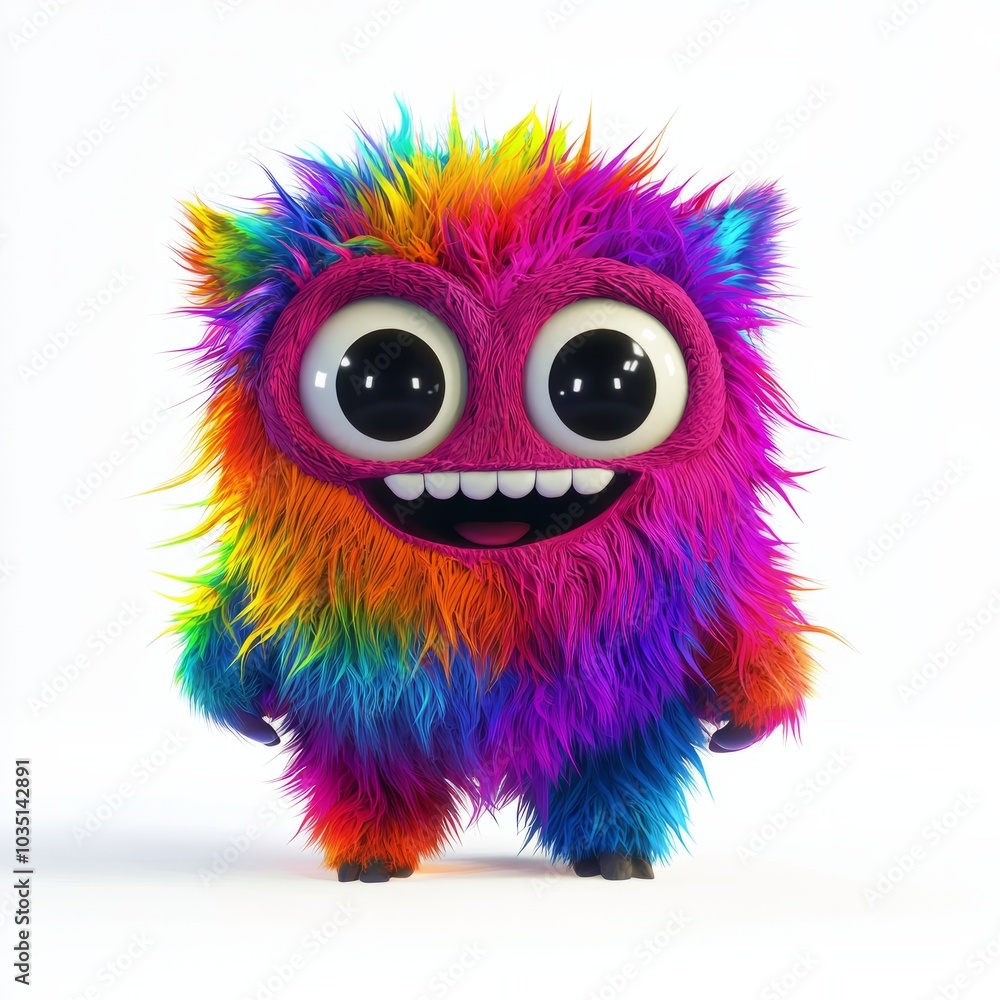3D Render, Low Poly style of a joyful little monster with colorful fur and big eyes, on isolated white background 3D Render, Low Poly style of a joyful little monster with colorful fur and big eyes, on isolated white background