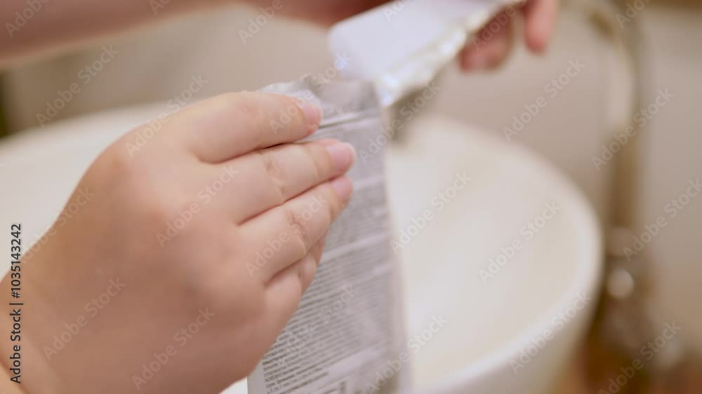 A girl opens a skin care mask at the sink as part of her daily routine. A girl opens a skin care mask at the sink as part of her daily routine.