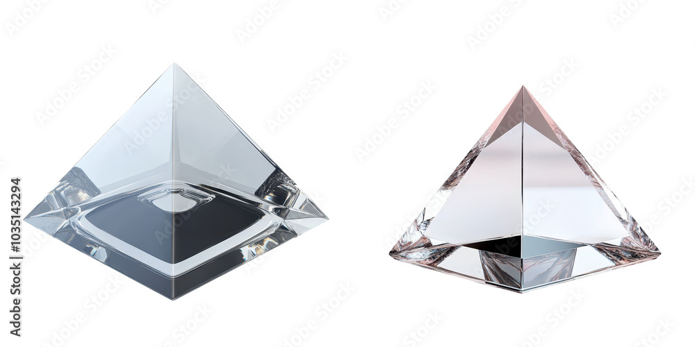 Pair of transparent crystal prism pyramids reflecting light in a minimalist contemporary studio setting Geometric shapes create optical illusion and abstract visual effect Pair of transparent crystal prism pyramids reflecting light in a minimalist contemporary studio setting Geometric shapes create optical illusion and abstract visual effect