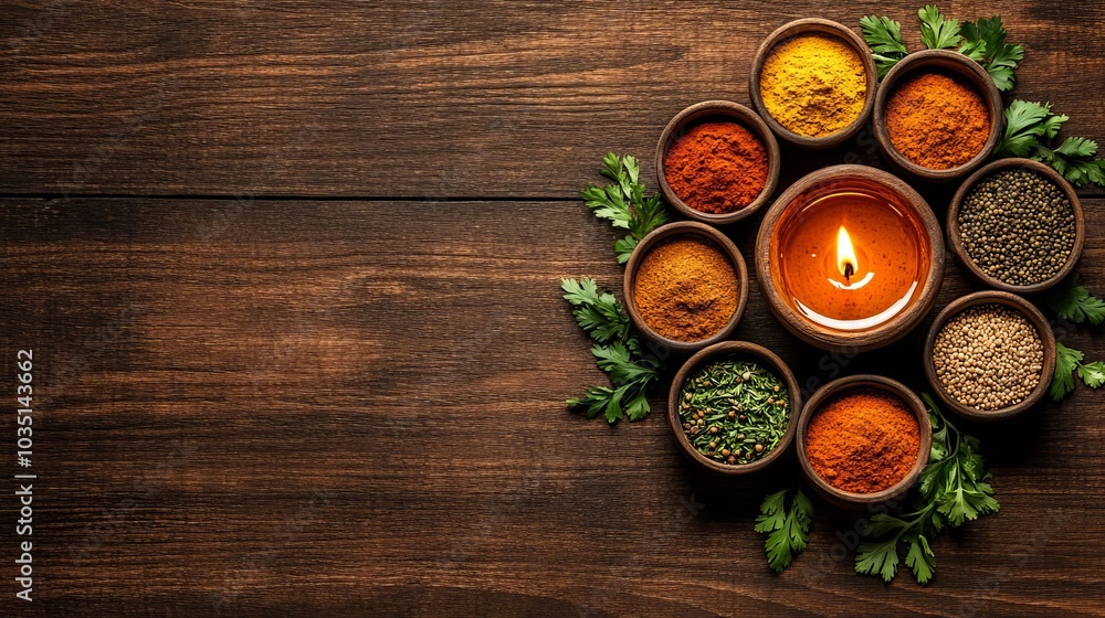 Aromatic Spices Candle Wooden Background Food Photography Culinary Herbs Flavor Coo Aromatic Spices Candle Wooden Background Food Photography Culinary Herbs Flavor Coo