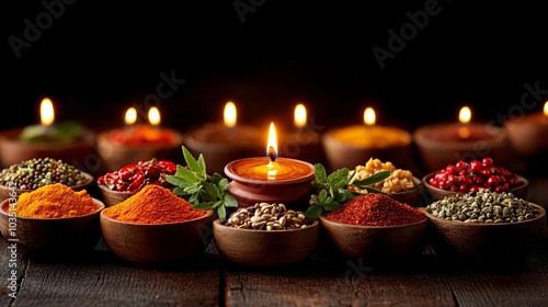 Fototapeta Naklejka Na Ścianę i Meble -  Aromatic Spices and Candles for Diwali Celebration