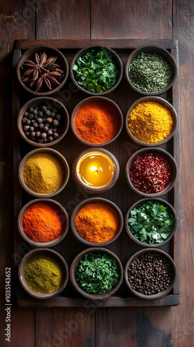 Aromatic Spices in Wooden Bowls on Rustic Tabletop Indian Asian Cooking Food Herbs