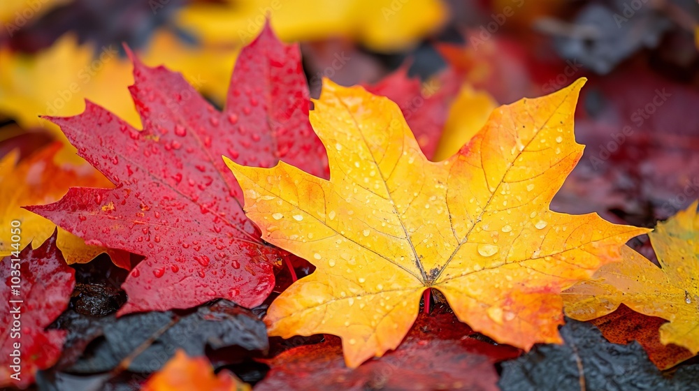 Autumn Leaves with Dew Drops Fall Foliage Red and Yellow Maple Leaves Nature Photograph Autumn Leaves with Dew Drops Fall Foliage Red and Yellow Maple Leaves Nature Photograph