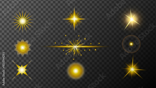 Golden star. Vector luxury sparkling. 
Shining light effects isolated on dark background, glare, lines, golden light particles. Set of vector stars.Abstract golden lights isolated on a transparent.