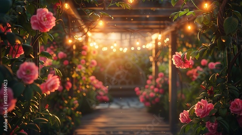 Romantic Rose Garden Path with String Lights at Sunset