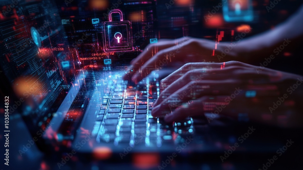 Fototapeta premium Cybersecurity - Hands Typing on Laptop with Digital Lock Icon