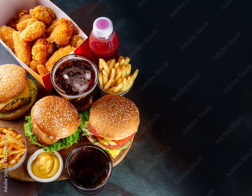 Fast food and unhealthy eating concept - close up of fast food snacks and cola drink on a dark background, top view. Fast food and unhealthy eating concept - close up of fast food snacks and cola drink on a dark background, top view.