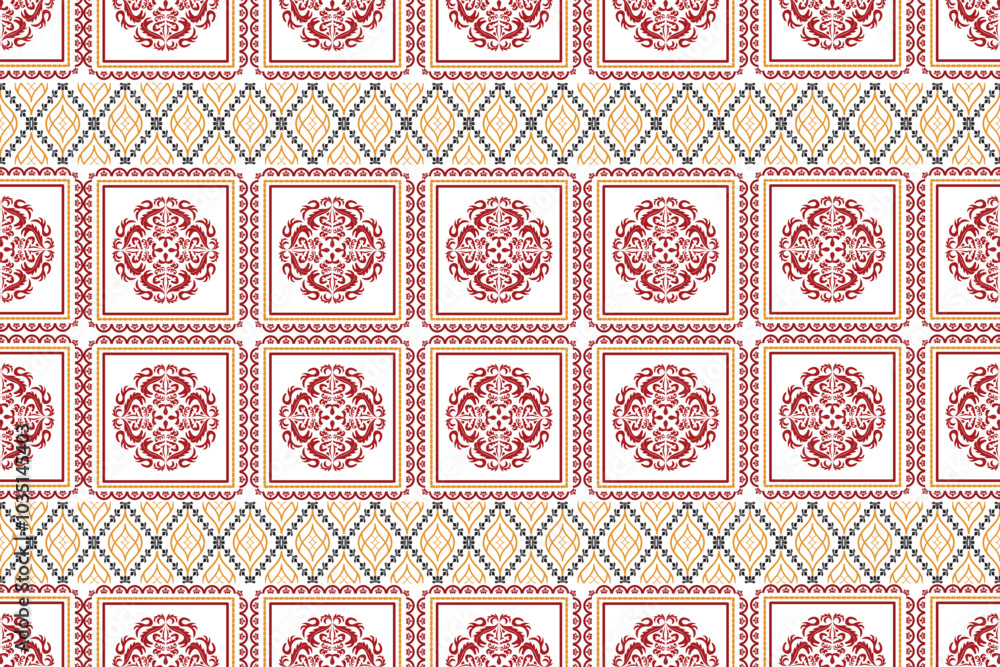 Obraz premium Oriental flora damask seamless pattern embroidery, art ornament print. Design for tile, carpet, cover, wallpaper, wrapping paper, fabric, clothing, bag, and decoration.