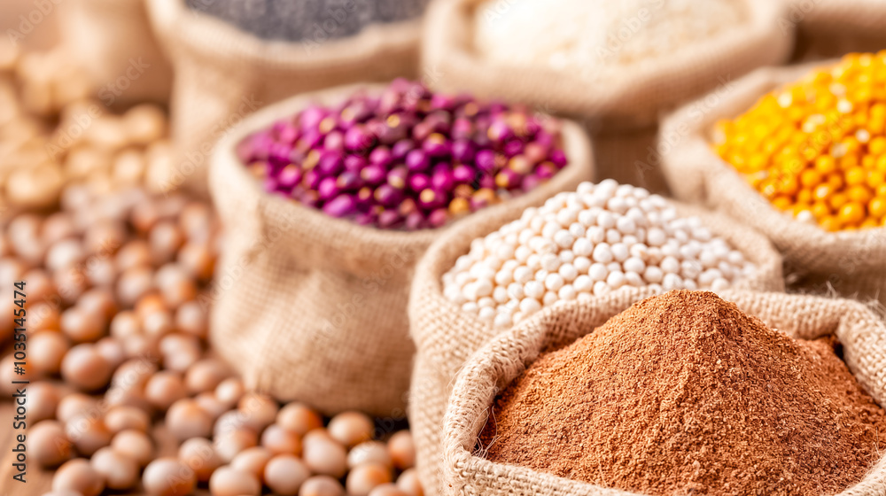A lively array of spices and grains fills burlap bags on a rustic wooden table, showcasing their diverse colors and textures at a market setting A lively array of spices and grains fills burlap bags on a rustic wooden table, showcasing their diverse colors and textures at a market setting