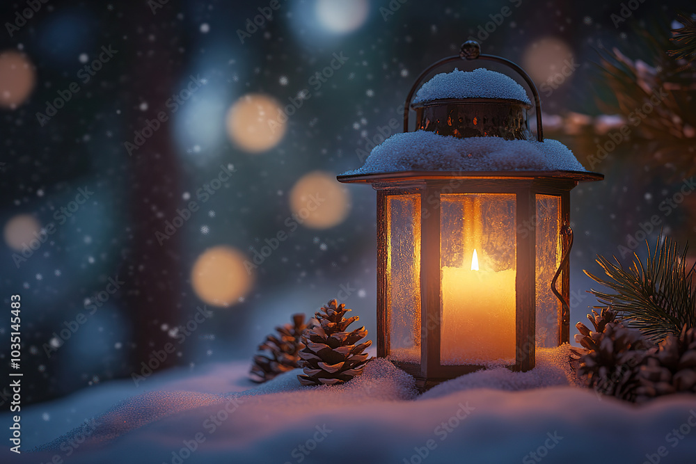 Snowy Winter Night with a Lit Lantern in the Forest Snowy Winter Night with a Lit Lantern in the Forest