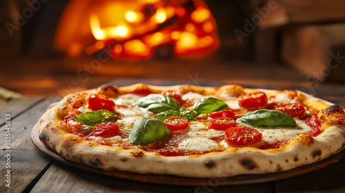 A classic margherita pizza with fresh mozzarella, tomatoes, and basil leaves