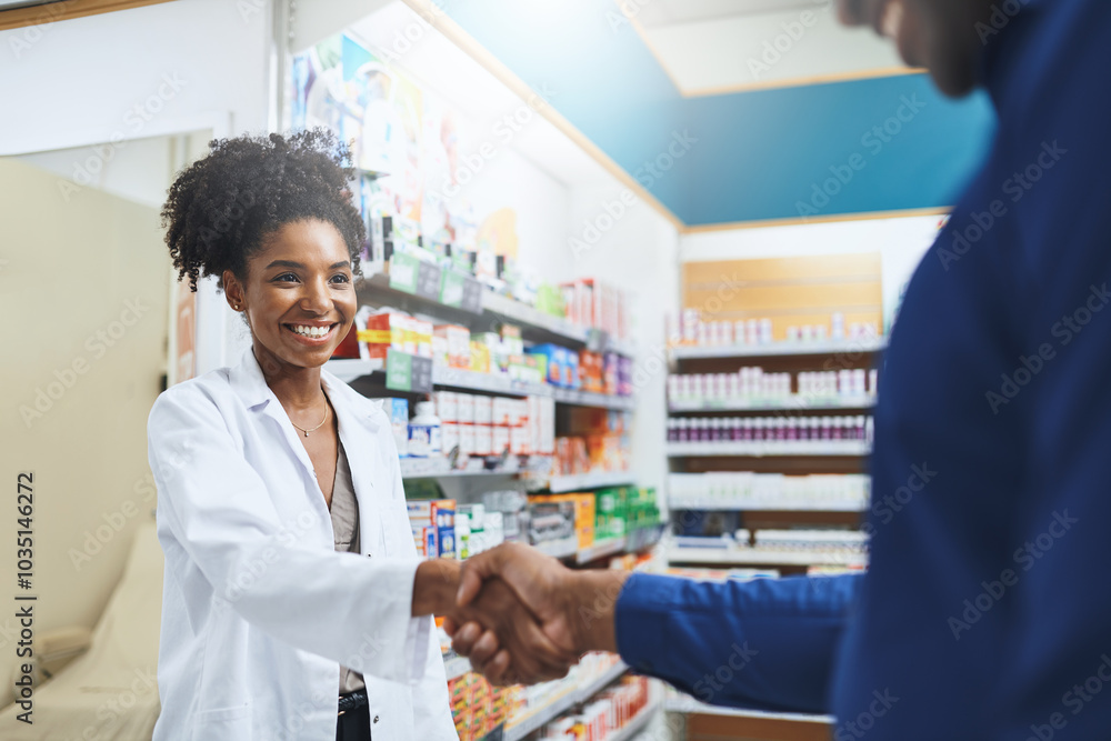 Pharmacy, handshake and woman with customer at counter for prescription, medicine and medication. Healthcare, pharmaceutical and pharmacist shaking hands for thank you, medical service and help Pharmacy, handshake and woman with customer at counter for prescription, medicine and medication. Healthcare, pharmaceutical and pharmacist shaking hands for thank you, medical service and help