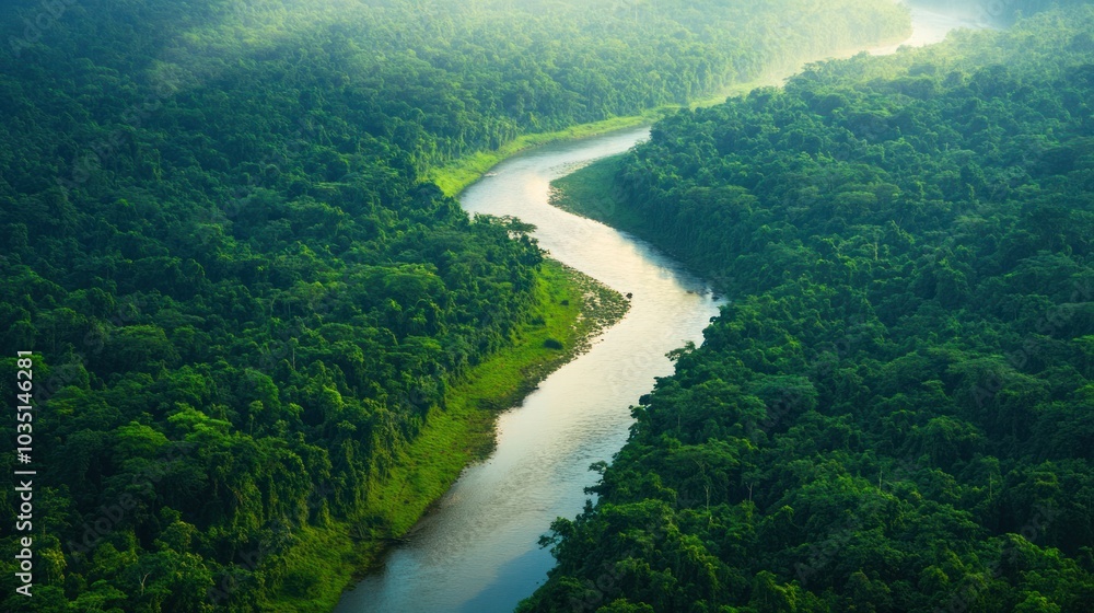 Aerial View of a Winding River Through a Dense Forest Aerial View of a Winding River Through a Dense Forest