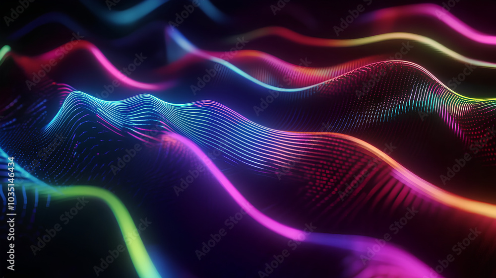Neon 3D music waves on a black background, 3D background music, vibrant and immersive Neon 3D music waves on a black background, 3D background music, vibrant and immersive