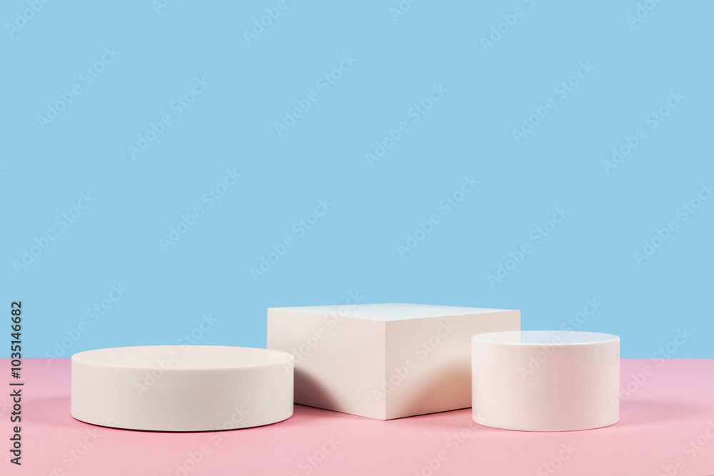 Blue and pink background for product presentation. Empty podiums. Mockup Blue and pink background for product presentation. Empty podiums. Mockup