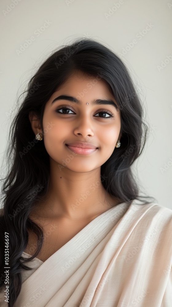 A graceful Indian girl smiling gently in traditional attire against a simple background A graceful Indian girl smiling gently in traditional attire against a simple background