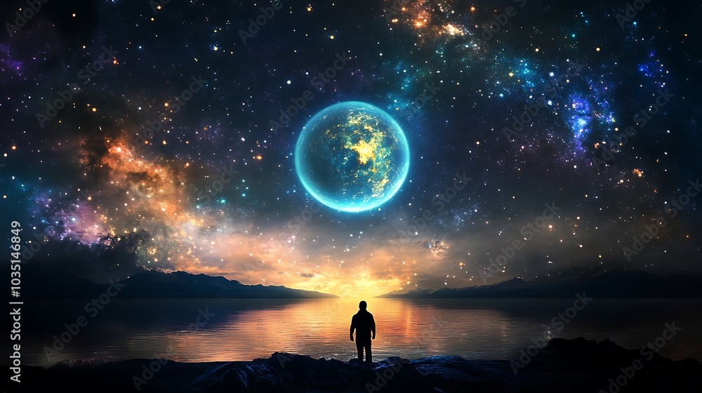 Background image: A silhouette of a person standing and looking at the stars in the sky. Background image: A silhouette of a person standing and looking at the stars in the sky.