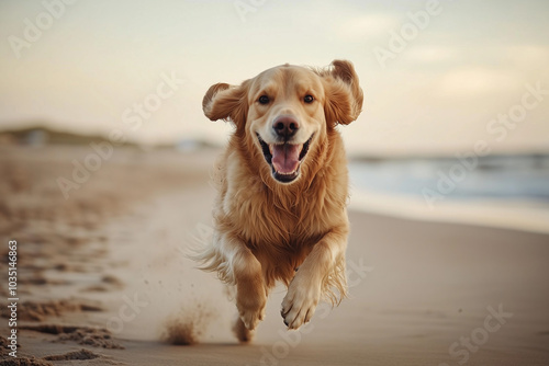 Selective focus running golden retriever on the beach, Portrait of happy dog run on the beach.