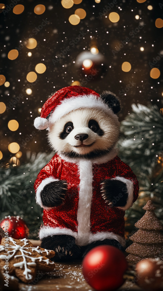 Xmas vibes - christmas mood - happy funny cute panda bear wearing santa claus hat in front of christmas tree. Vertical banner for instagram story, reel or tiktok Xmas vibes - christmas mood - happy funny cute panda bear wearing santa claus hat in front of christmas tree. Vertical banner for instagram story, reel or tiktok