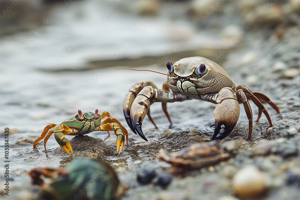 Close up shot tiny sea creature on the beach, Selective focus clam and crab on the beach. Close up shot tiny sea creature on the beach, Selective focus clam and crab on the beach.