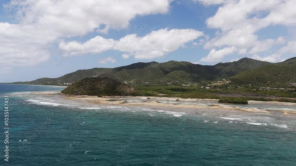 Scenic Seascape And Mountains In Antigua And Barbuda - Aerial Shot Scenic Seascape And Mountains In Antigua And Barbuda - Aerial Shot