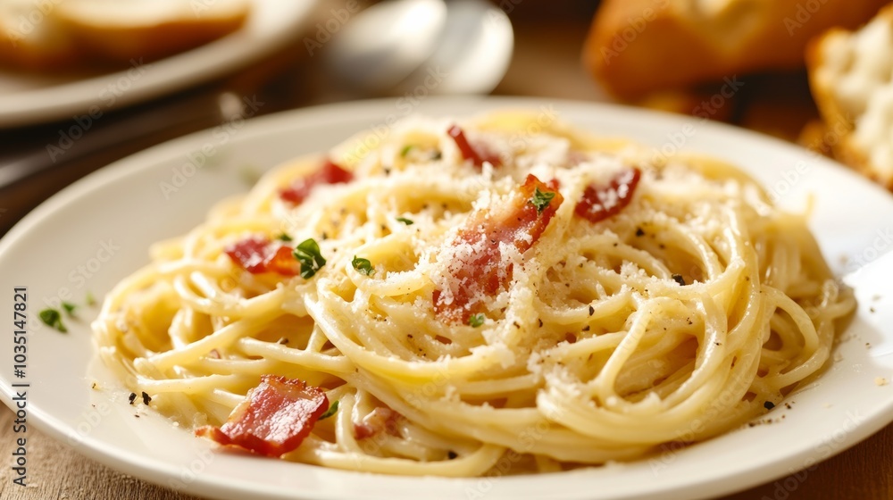 A classic plate of spaghetti carbonara with creamy egg sauce, crispy bacon, and grated parmesan cheese A classic plate of spaghetti carbonara with creamy egg sauce, crispy bacon, and grated parmesan cheese