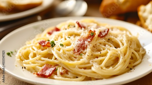 A classic plate of spaghetti carbonara with creamy egg sauce, crispy bacon, and grated parmesan cheese