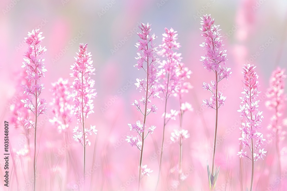 Close up of delicate pink wildflowers swaying in a gentle breeze creating a soft and tranquil scene filled with pastel colors and light evoking peace and harmony with nature Close up of delicate pink wildflowers swaying in a gentle breeze creating a soft and tranquil scene filled with pastel colors and light evoking peace and harmony with nature
