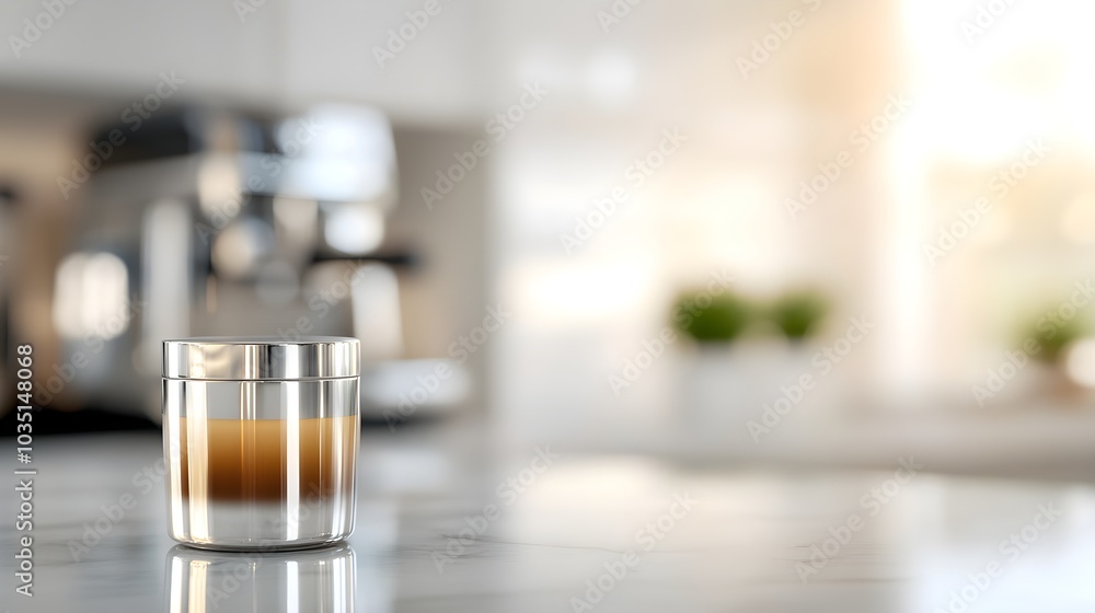 Elegant coffee pod packaging, metallic silver details, on marble counter, espresso machine nearby, luxury kitchen setting, high detail, isolated on white background Elegant coffee pod packaging, metallic silver details, on marble counter, espresso machine nearby, luxury kitchen setting, high detail, isolated on white background