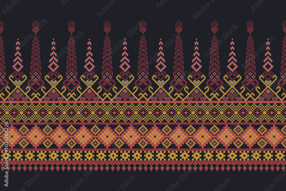 Seamless geometric pattern . pixel pattern. Design for clothing  fabric batik  wrapping  handcraft 
textile cultural stitching pixel art , Cross stitch pattern
