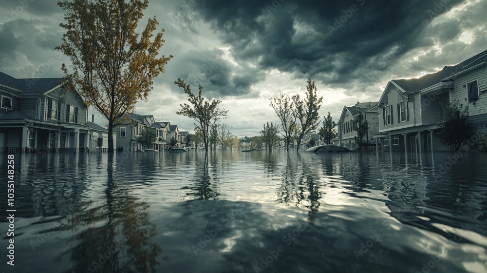 A haunting scene of a flooded neighborhood, reflecting a somber atmosphere under dark storm clouds. Trees stand eerily, partially submerged in water. A haunting scene of a flooded neighborhood, reflecting a somber atmosphere under dark storm clouds. Trees stand eerily, partially submerged in water.