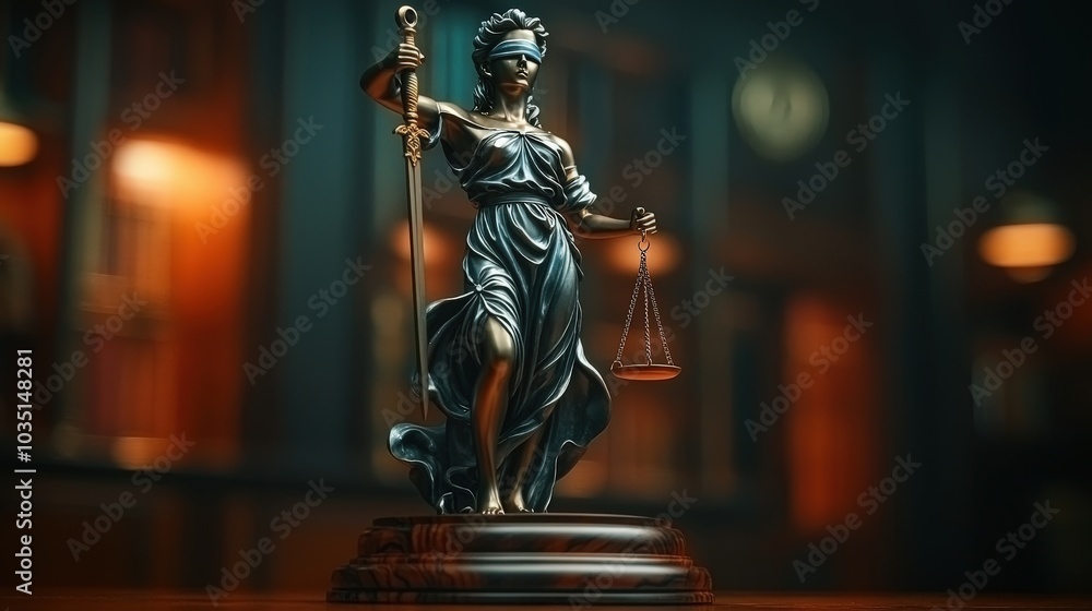 Blind Justice Statue with Sword and Scales on Base Blind Justice Statue with Sword and Scales on Base