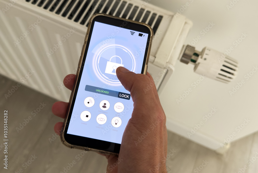 Controlling radiator heating temperature with a smart phone, close-up with radiator on the background. Concept of a smart home and mobile application for managing smart devices at home Controlling radiator heating temperature with a smart phone, close-up with radiator on the background. Concept of a smart home and mobile application for managing smart devices at home