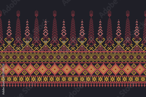 Seamless geometric pattern . pixel pattern. Design for clothing  fabric batik  wrapping  handcraft 
textile cultural stitching pixel art , Cross stitch pattern
